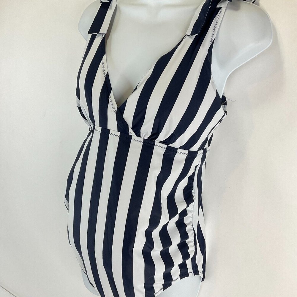 A Pea In The Pod Swimsuit Womens M Blue Striped 1 Pc Maternity UPF 50+ $105 Nwt - Picture 2 of 16